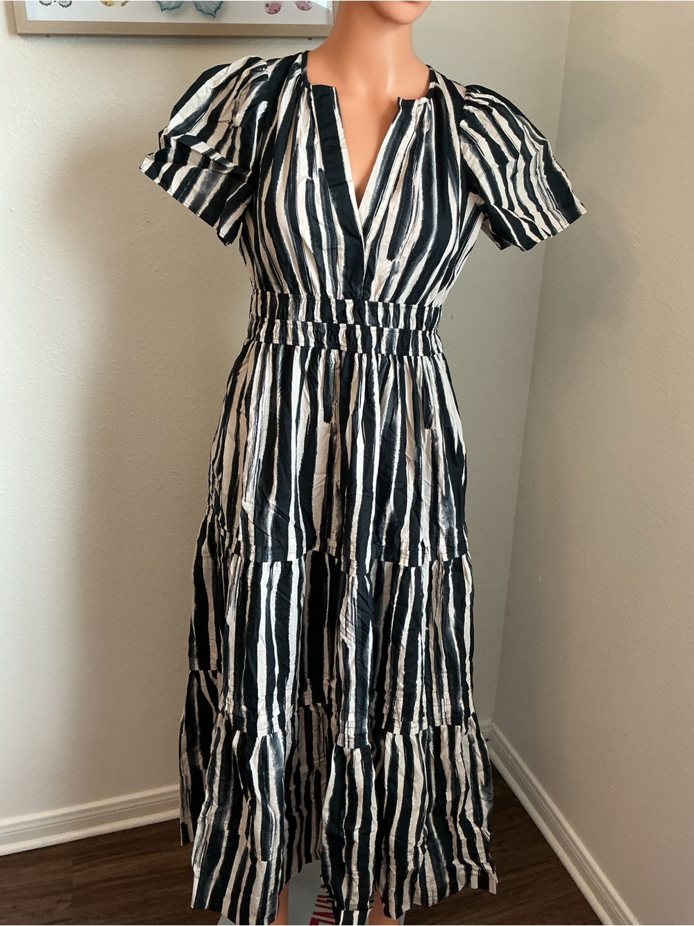 Anthropologie XS Black White Stripe Maxi Dress Cotton Pockets - Picture 4 of 13
